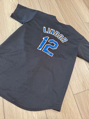 Vintage New York Mets Button Front Jersey Shirt Sz L Black MLB Baseball Lindor